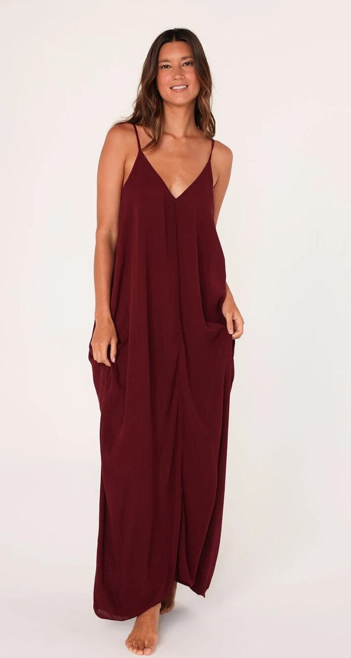 Lovestitch Weekend Mila Maxi Sleeveless Double V Gauze Dress Burgundy S/M